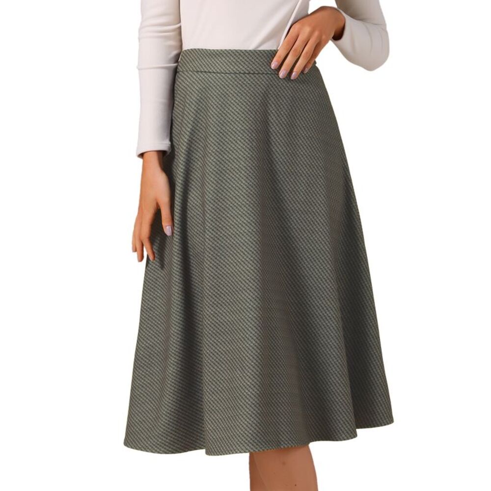 Women's Houndstooth Plaid Midi Skirt Vintage Fall A-Line Skirts Coffee